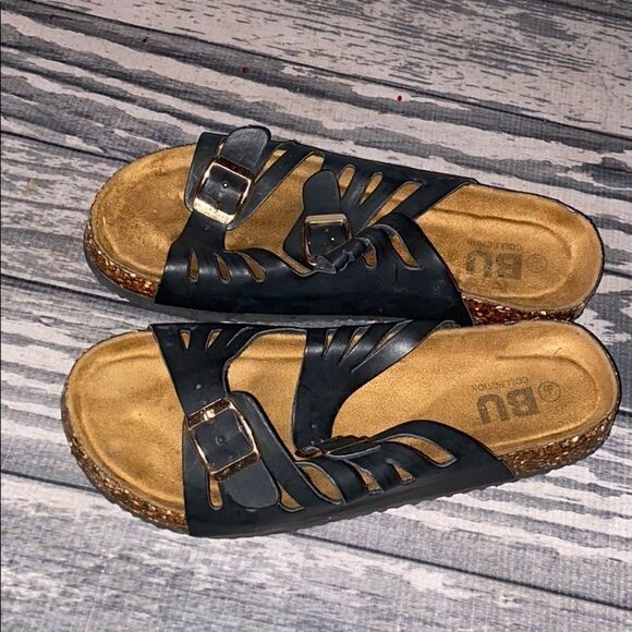BU Collection Black Leather Sandal Shoes Size 8.5 - Picture 2 of 5